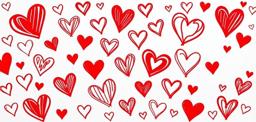 Red & white doodle hearts, various styles, hand-drawn, playful, charming, romantic,   romance,  design element