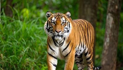 Fototapeta premium Majestic tiger in lush green forest, eyes forward