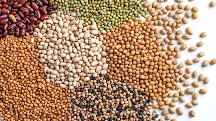 Obraz premium Assorted dry beans scattered evenly on white backdrop, captured using 50mm focal length, showcasing contrast between bean types and natural shadows