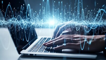 Hands typing on a laptop with glowing blue digital waves above - Powered by Adobe
