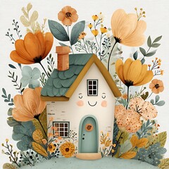 Charming Cartoon House with Orange Flowers Illustration