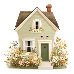 Charming Green Cottage Illustration with Flowers and Happy Face