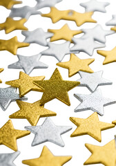 Isolated Star-Shaped Confetti In Gold And Silver Colors Against Transparent Background