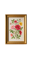 Isolated Photo of a Framed Floral Cross Stitch Embroidery with Gold Frame