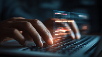 Advanced Technology A closeup of hands typing on a keyboard with augmented data mining visualizations