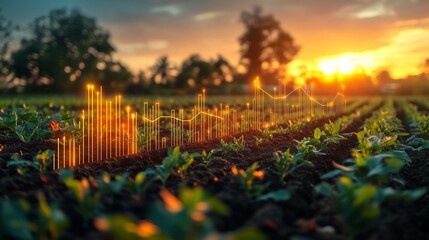 Sunset over a city skyline with glowing bar chart, perfect for business growth, analytics, and financial success concepts