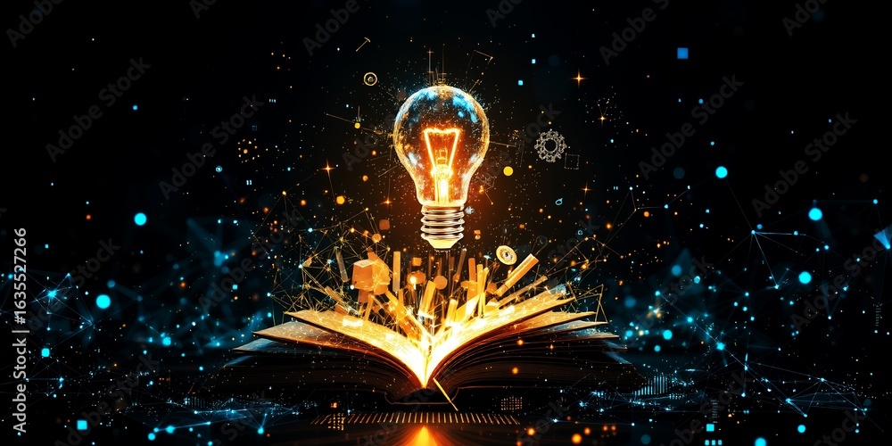 Poster glowing light bulb emerges from an open book amidst glowing digital network connections and particle