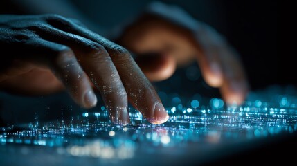Advanced Technology A closeup of hands on a keyboard with holographic data firewalls securing enterprise systems