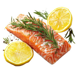 Fresh salmon fillet, seasoned with salt and herbs, accompanied by lemon slices