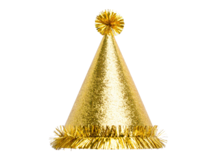  Metallic Gold Party Hat with Shimmer Finish and Pom-Pom Tip, Front Perspective Isolated on Transparent Background 