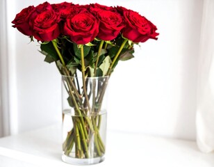 Obraz premium A bouquet of deep red roses in a clear vase