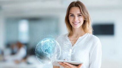 Smile woman holding a tablet with glowing environmental conservation data overlays
