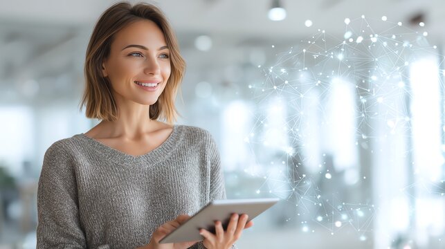 Smile woman holding a tablet with glowing environmental conservation data overlays