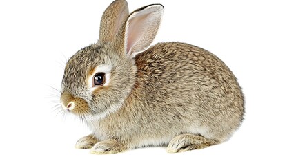 Obraz premium Rabbit with upright ears and curious eyes on white background taken with 70-200mm lens, sharp focus on alert ears and bright eyes against clean lighting