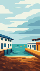 Minimalist vector of seaside buildings with pier and boats, under cloudy sky. Coastal landscape in flat style for travel and architecture themes.