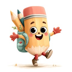Cheerful Cartoon Pencil Character with Backpack