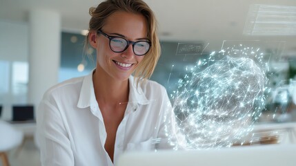 Smile woman on a laptop with holographic AI-powered recruitment platforms