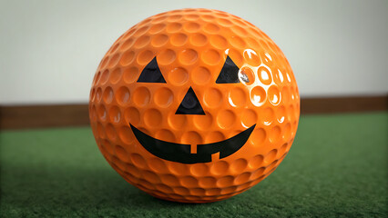 A bright orange golf ball painted with a classic jack o lantern face sits on a green putting surface for halloween