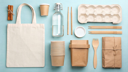 Assortment of eco-friendly and sustainable household items made from natural materials, including reusable bags, bamboo utensils, glass jars, and organic fabrics, arranged on a neutral background

