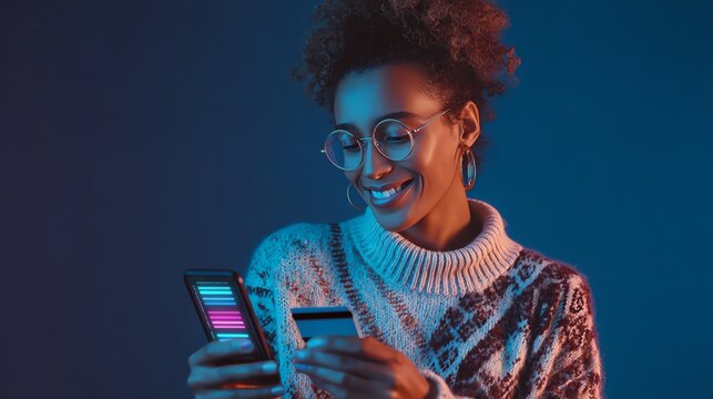 Smile woman tapping a smartphone with glowing payment verification screens