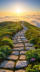 Stone Path Through Green Hills Above Clouds at Sunset