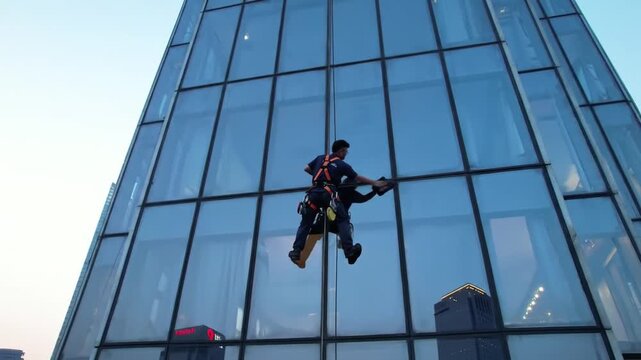 Worker Cleaning Glass Facade of Mega Tower