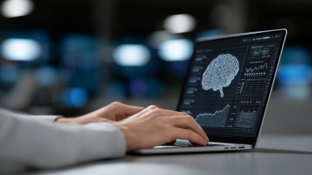 High-tech workspace with illuminated keyboard and holographic neural network diagrams for machine learning, artificial intelligence workspace, glowing digital brain, neon technology design, deep lea

