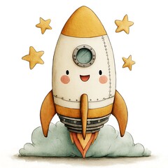 Cute Cartoon Rocket Launching into Space with Stars