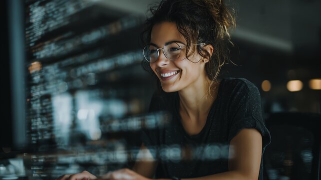 Smile woman typing on a keyboard with streaming code representing secure software development