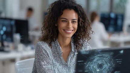 Smile woman typing with augmented cybersecurity vulnerability scan overlays