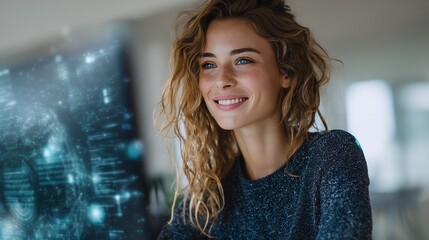 Smile woman typing with augmented cybersecurity vulnerability scan overlays