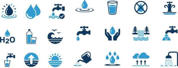 Blue two-tone icon set illustrating water resources, consumption, conservation, and the natural water cycle.
