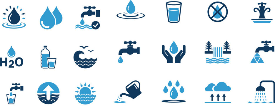 Blue two-tone icon set illustrating water resources, consumption, conservation, and the natural water cycle.