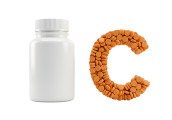 Isolated White Bottle and Orange Vitamin C Pills in Shape of C on Transparent Background