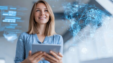 Smile woman using a tablet with holographic supply chain tracking dashboards for global logistics