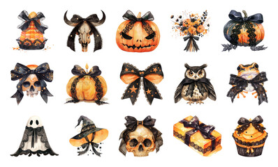 PNG Halloween-themed decorative illustrations, element set on transparent background