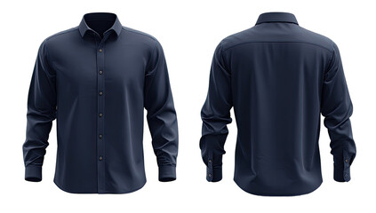 Front and back view of a navy blue, long-sleeve button-down shirt