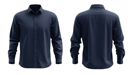 Front and back view of a navy blue, long-sleeve button-down shirt