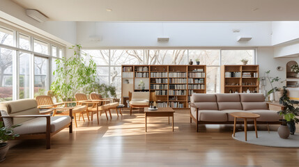 Fototapeta premium Spacious and Bright Interior of a Modern Bakery or Cafe with Wooden Decor