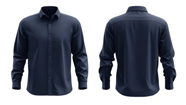 Front and back view of a navy blue, long-sleeve button-down shirt