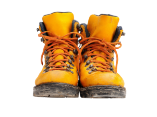 Worn yellow hiking boots isolated on black background, Isolated On White Background, Png Transparent