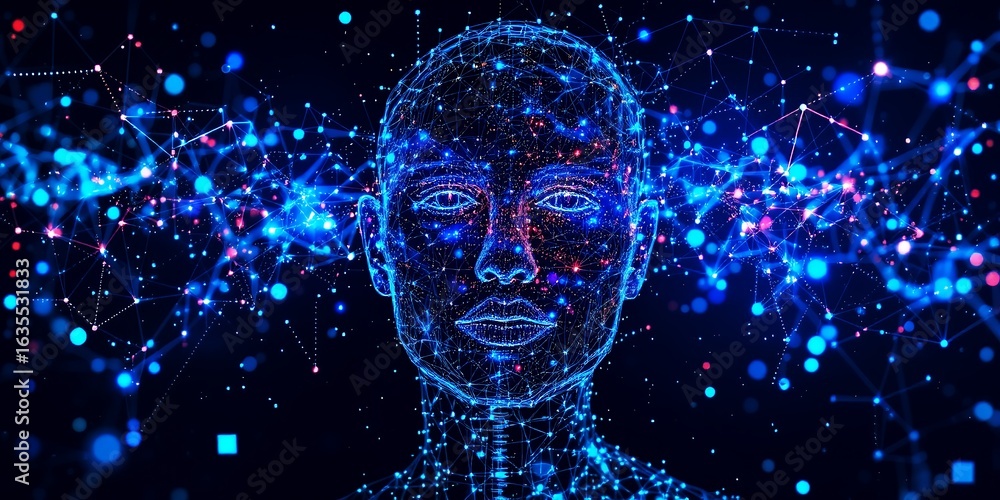 Poster wireframe human head and body structure composed of glowing blue dots and interconnected lines again