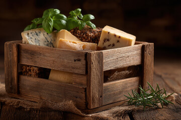 Assorted cheeses and fresh herbs in rustic wooden crate