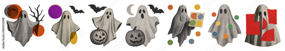 Poster png colorful ghosts with playful elements, element set on transparent background
