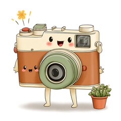 Cute Cartoon Camera with Cactus and Sparkles