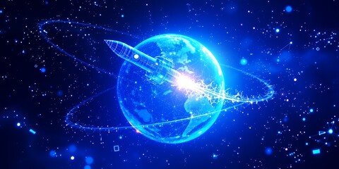 Obraz premium A futuristic rocket launched from a glowing Earth through a digital galaxy