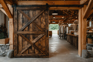 Obraz premium Rustic barn door reveals dairy equipment in peaceful setting