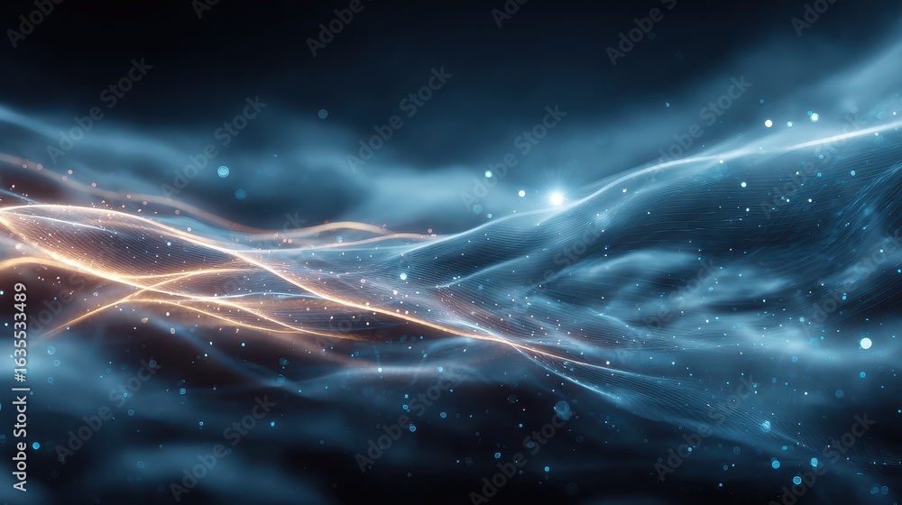 Poster data streams with glowing particles on a dark blue background