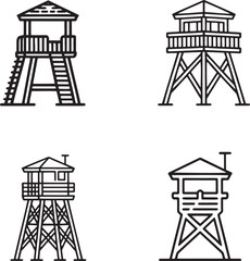 Set of Watchtower Outline vector illustration isolated On Transparent Background
