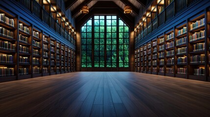 Fototapeta premium Serene library with large windows and wooden shelves